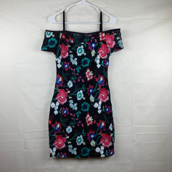 Guess Sz S Embroidered Floral Lace Dress Off Shoulder Black Colorful Flowers - Picture 2 of 7